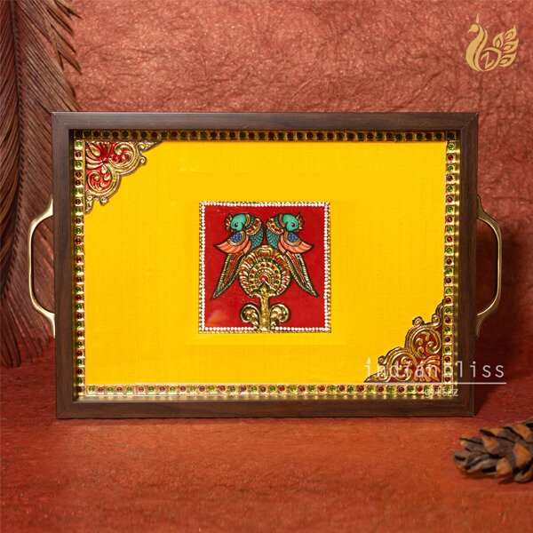Tanjore painting in Raw silk Tray – Parrot